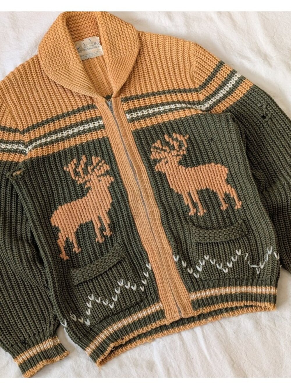 Vintage 50s Caldwell Knit Mills Canada Cowichan Elk Graphic Zip Sweater Wool M/L